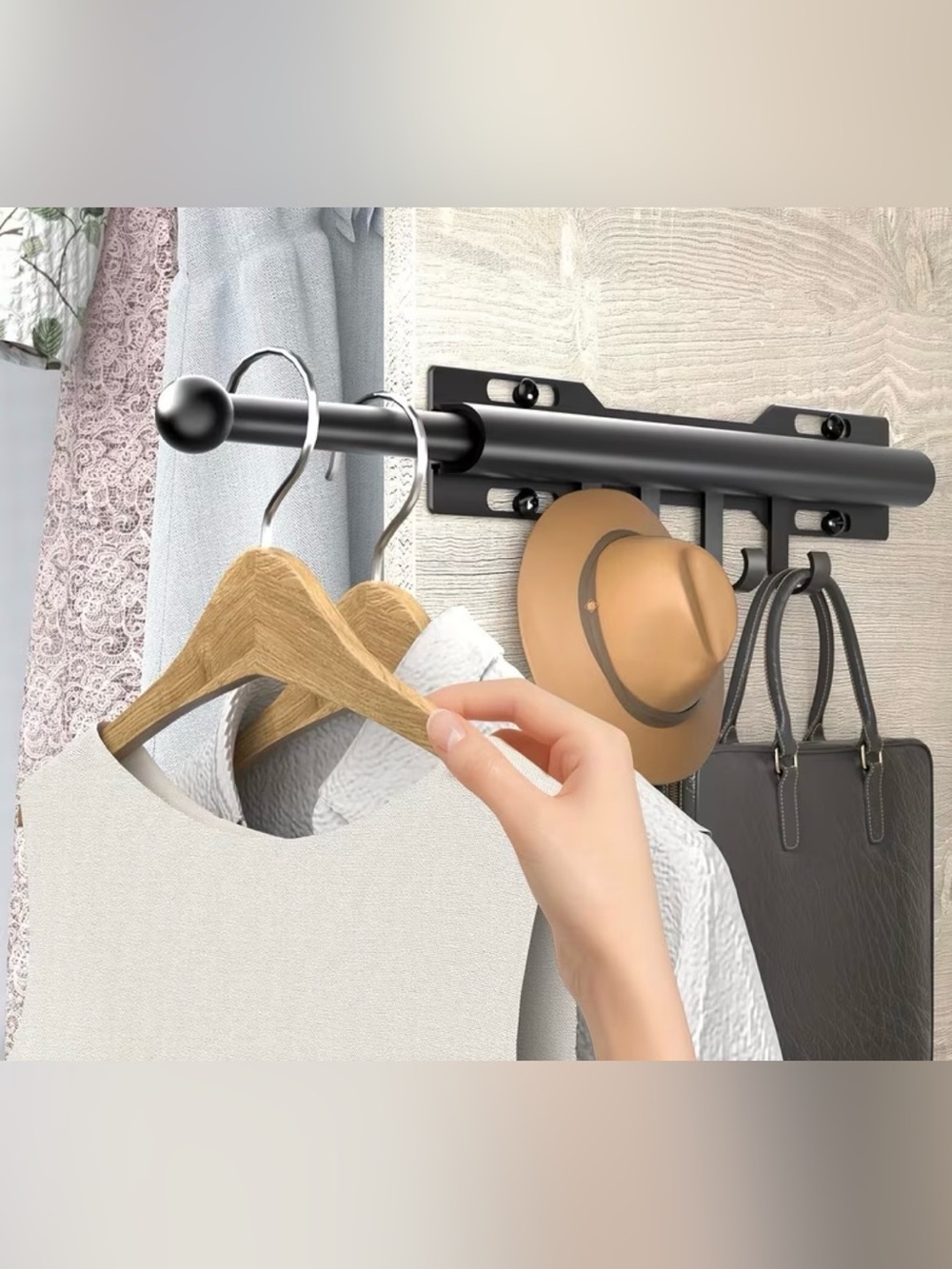 Telescoping Wardrobe Rod Black Metal with Hooks - Home Organization NIB